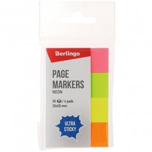 Флажки-закладки "Ultra Sticky", 20x50 мм, 4 неоновых цвета по 50 листов фото книги