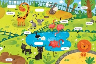 Первые слова. Английский язык. Зоопарк. Обучающая книжка с наклейками фото книги 2