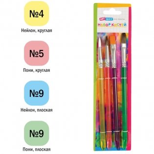 Набор кистей ArtSpace 4шт., Пони, круглая №5, плоская №9, Нейлон, круглая №4, плоская №9, пакет, европодвес фото книги 2